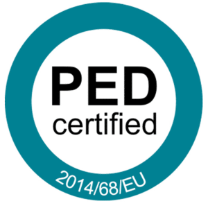 Certificazione PED su sfondo trasparente, Certificazione PED secondo Direttiva Europea 2014/68/UE per dispositivi pressurizzati sicuri e conformi.