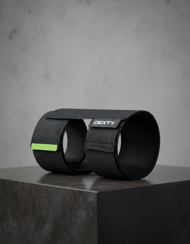 Supporto auto DEXTY esposto su base scura, struttura in tessuto tecnico nero con accenti verde DEXTY.