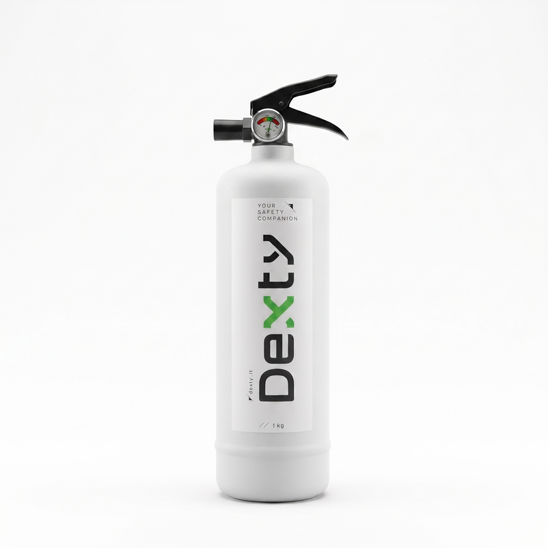 Estintore di design Dexty V1.0 bianco con dettagli verdi e neri, vista frontale su fondo neutro