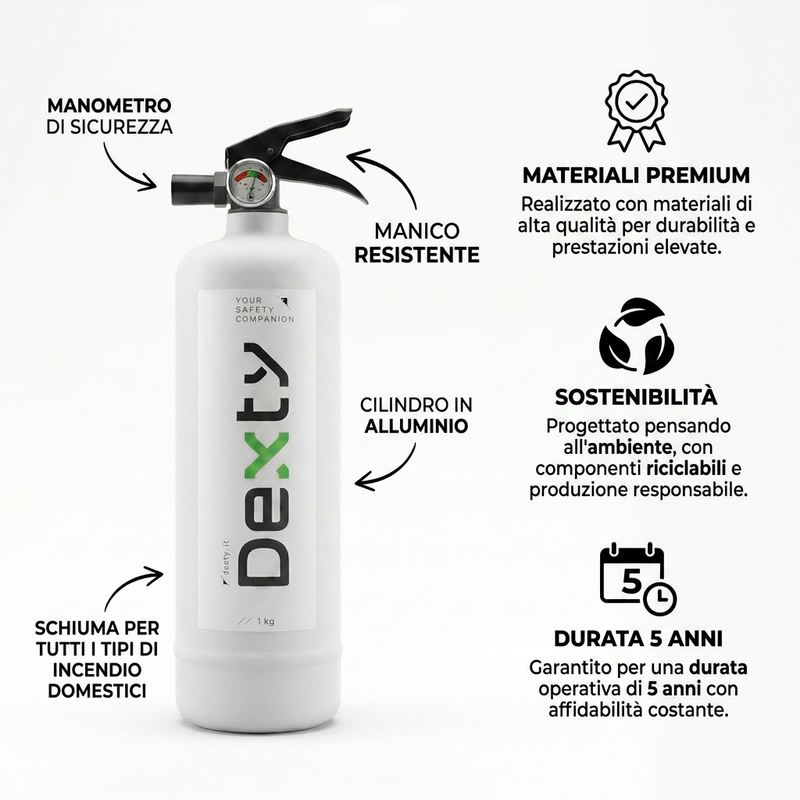 Estintore domestico Dexty V1.0, vista laterale con leva di azionamento nera e manometro integrato
