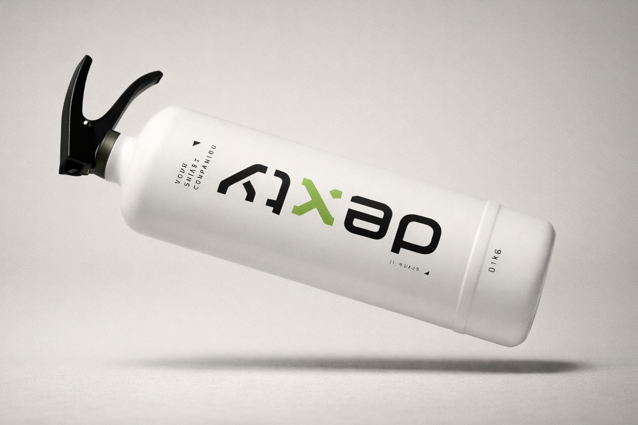 Estintore DEXTY bianco sospeso in aria con maniglia nera, logo nero e verde DEXTY, su sfondo neutro con ombra morbida sotto il prodotto.