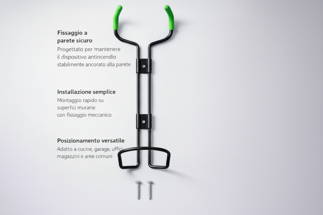 Supporto da muro DEXTY per estintore con fissaggio meccanico a parete, struttura in acciaio progettata per mantenere il dispositivo stabile, accessibile e correttamente posizionato in ambienti interni.