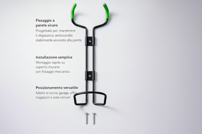 Supporto da muro DEXTY per estintore con fissaggio meccanico a parete, struttura in acciaio progettata per mantenere il dispositivo stabile, accessibile e correttamente posizionato in ambienti interni.