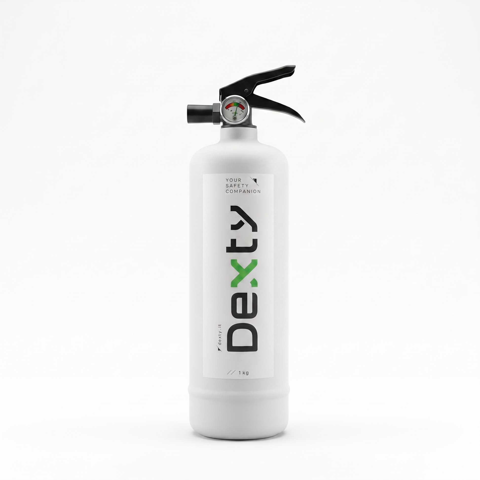 Estintore di design Dexty V1.0 bianco con dettagli verdi e neri, vista frontale su fondo neutro