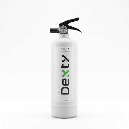 Estintore di design Dexty V1.0 bianco con dettagli verdi e neri, vista frontale su fondo neutro