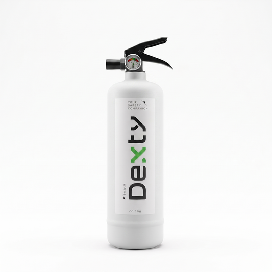 Estintore di design Dexty V1.0 bianco con dettagli verdi e neri, vista frontale su fondo neutro
