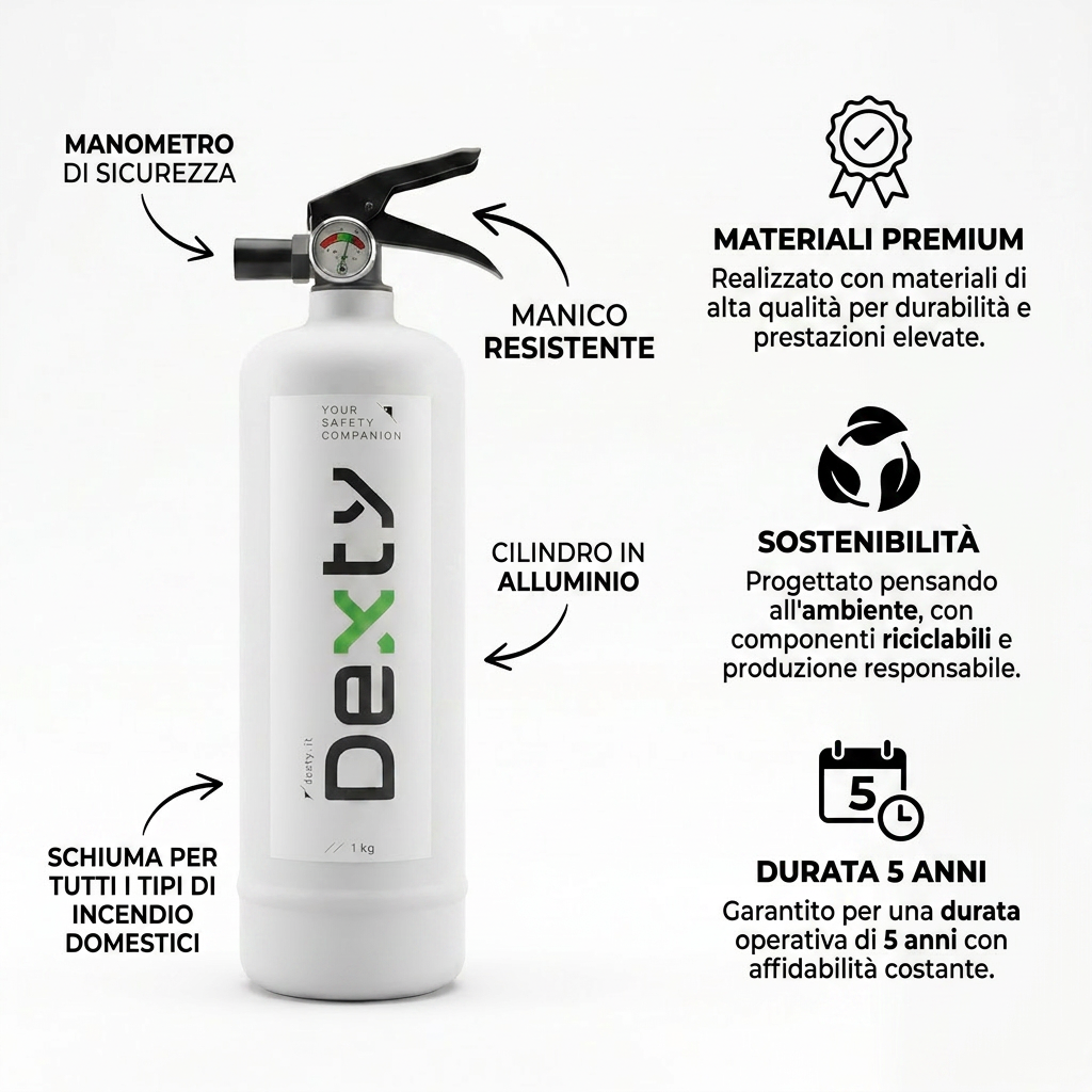 Estintore domestico Dexty V1.0, vista laterale con leva di azionamento nera e manometro integrato