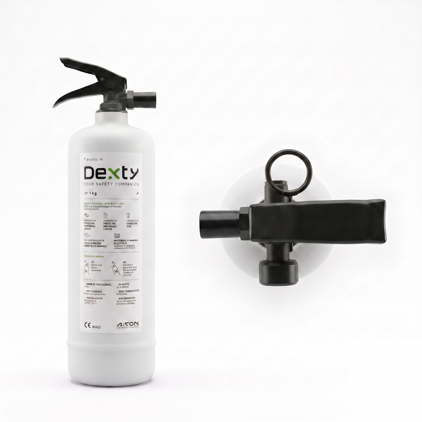 Estintore Dexty V1.0 in ambiente domestico, protezione antincendio di design sempre a vista
